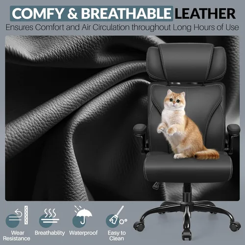 Miniatura 3 de Silla de oficina, silla ergonómica grande y alta para escritorio de computadora con reposacabezas ajustable retráctil, silla ejecutiva de cuero