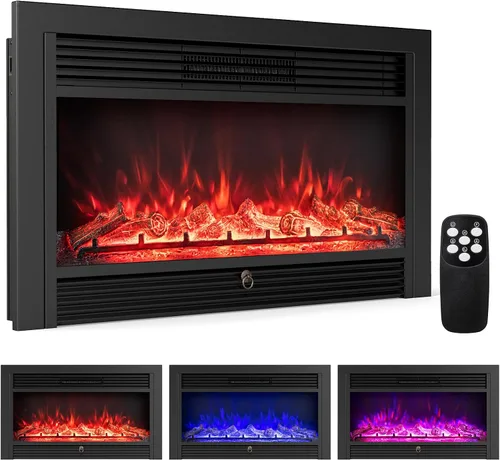 Miniatura 11 de COSTWAY - Insertos de chimenea eléctrica de 28.5 pulgadas de ancho, 750 W/1500 W, chimenea empotrada y de pie en la pared, con 3 colores de llama, 5