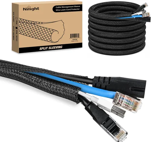 Nilight - Funda para cable, fundas de gestión de cable de 10 pies - 1/2 pulgada, funda trenzada, telar de alambre autoenvolvente dividido para