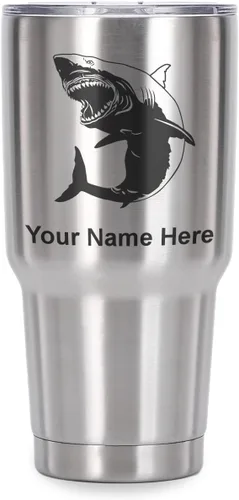 Miniatura 41 de LaserGram Vaso aislado al vacío de 20 onzas, gran tiburón blanco, grabado personalizado incluido (negro)