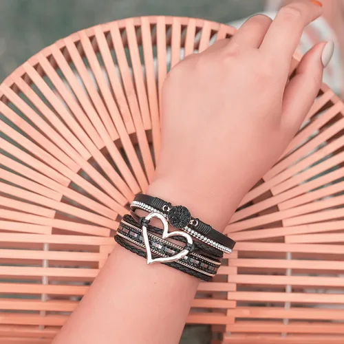 Miniatura 4 de FANCY SHINY Pulseras de cuero con forma de corazón, apilables, bohemias, pulseras de diamantes de imitación de resina de moda con cierre magnético