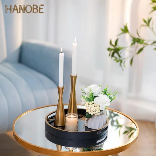 Miniatura 3 de Hanobe Bandeja redonda decorativa para café: Bandeja circular de mármol negro con asas, bandejas de mesa para sala de estar, bebida, fiesta, hogar