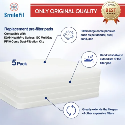 Miniatura 4 de Smilfil PF40 - Paquete de 5 almohadillas de repuesto para prefiltro compatibles con IQAir PF40 Purificador de aire de prefiltración de polvo grueso