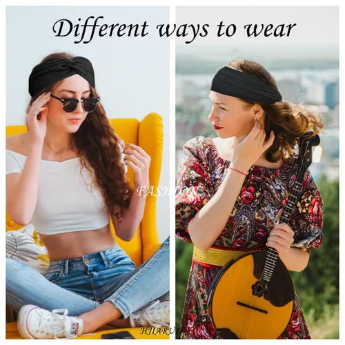 Miniatura 5 de Hjiaruiky 2 diademas de turbante para mujer, bohemias, elásticas, a la moda, de tela anudada, bonita, gruesa, para mujeres y niñas, color negro