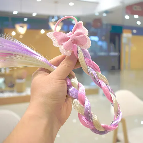 Miniatura 4 de 6 extensiones de cabello de trenzas de colores para niñas con bandas de goma, extensiones trenzadas de arco iris, lazos para el cabello, peluca