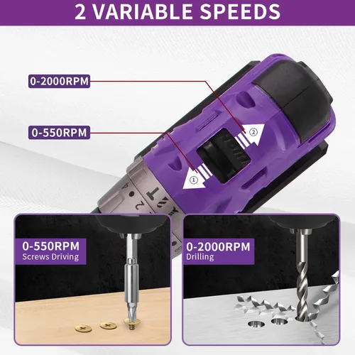 Miniatura 5 de Juego de taladro inalámbrico sin escobillas morado, kit de controlador de potencia compacto de 20 V con motor eléctrico, ajuste de par de 20+3, 48