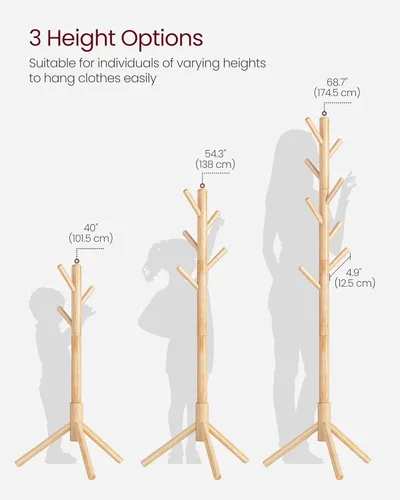 Miniatura 5 de VASAGLE Perchero de madera maciza, perchero en forma de árbol con 8 ganchos, 3 opciones de altura, para ropa, sombreros, bolsos, sala de estar