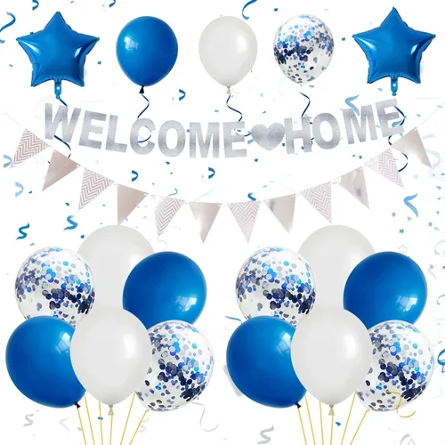 Juego de globos y pancartas de bienvenida de color azul y plateado – Cartel con purpurina con globos de confeti, banderines de bandera para la