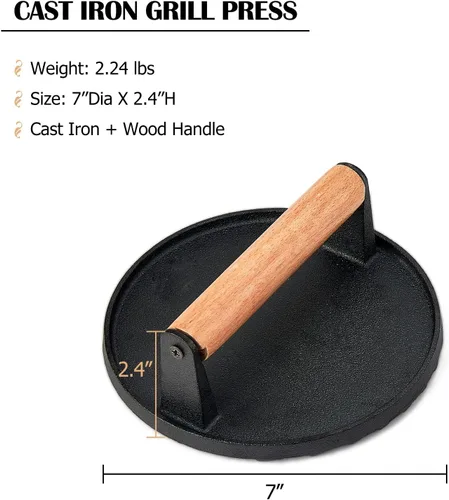 Miniatura 2 de Joyfair Prensa para Hamburguesas Smash para Plancha (7 pulgadas), Aplastador de Hamburguesas de Hierro Fundido, Accesorios para Prensa de Parrilla