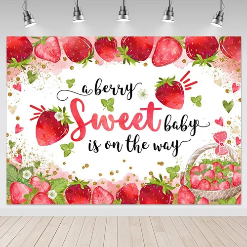 Mocsicka Telón de fondo de fiesta de baby shower de fresa, 6 x 4 pies, decoración de fiesta de baby shower, con texto en inglés "A Berry Sweet Baby
