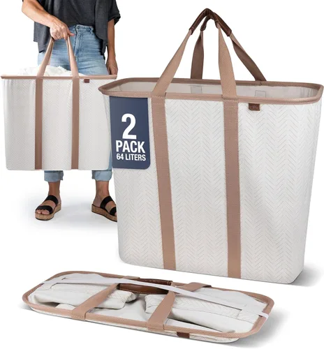 CleverMade Cesta de Lavandería Plegable -LUXE Crema Herringbone 2Pack 64L - Contenedor de Almacenamiento Organizador Plegable Solución para LUXE