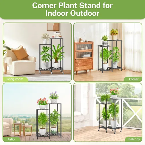 Miniatura 6 de iDavosic.ly Soporte para plantas de 4 niveles para interiores con ruedas, estante de metal escalonado para flores al aire libre para macetas Negro
