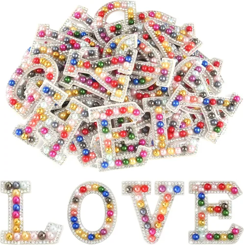 Miniatura 11 de Morcheiong 52 piezas de parches de letras de perlas con strass autoadhesivos A-Z, parches de letras de perlas para pegar en ropa, tela, mochila
