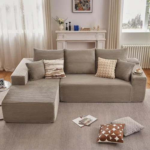 Miniatura 14 de Sofá seccional modular de 96", sofá en forma de L tipo nube sin estructura con chaise lounge, tapizado de pana con asiento profundo de espuma Negro