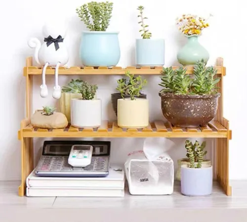 Miniatura 2 de Estante de plantas de bambú de 2 niveles de 14.6"/10.8"/18.5"/22.8", soporte para macetas de flores de escritorio, estante de escritorio ajustable