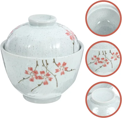 Miniatura 3 de Hemoton Cuenco de cerámica con tapa de 4.01 x 3.93 x 3.85 pulgadas, cuenco de sopa para el hogar para guisar huevo, pájaro, nido, postre y ensalada