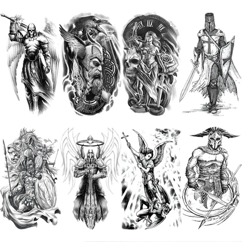 Tatuaje temporal romano de guerrero genial para hombres, gran negro realista 3D griego Dios gladiador tatuaje falso adulto adolescente niño