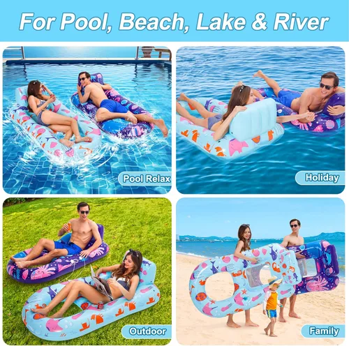 Miniatura 6 de PuppyuWill Paquete de 4 flotadores de piscina para adultos, flotador inflable para piscina, resistente con soporte para tazas, respaldo