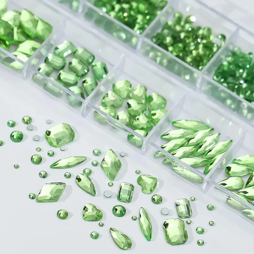 Miniatura 4 de Diamantes de imitación verdes para uñas, gemas de diamantes de imitación de cristal 3D, diamantes de imitación de parte trasera plana, varios