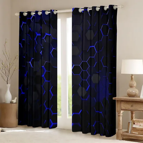 Miniatura 2 de Manfei Cortinas opacas negras de panal de abeja con luces de neón azul real, tratamientos de ventana con estampado geométrico hexagonal, decoración