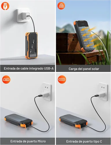Miniatura 5 de Cargador Solar Banco de Energía, Batería Externa de Carga Rápida PD 20W, 40000mAh Cargador Portátil para Teléfono con 4 Cables Integrados y Luces