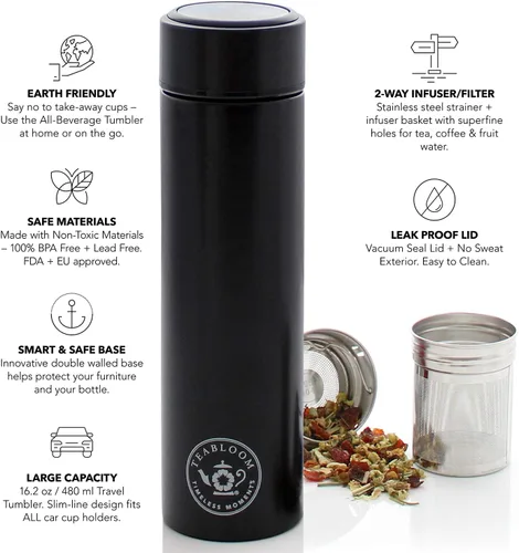 Miniatura 2 de Teabloom - El vaso y termo de viaje ORIGINAL All-Brew El favorito de OPRAH Botella de agua aislada de 16oz/480ml / frasco de té / taza de café