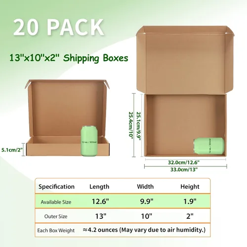 Miniatura 4 de Juego de 20 cajas de envío de 13x10x2 pulgadas, caja de cartón corrugado marrón para embalaje, envío postal, negocios