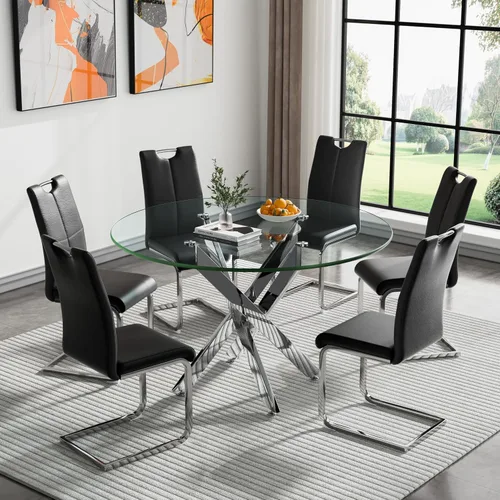Miniatura 62 de Juego de mesa de comedor redonda de 3 piezas para 2, mesa de cocina moderna de vidrio plateado y sillas para 2 con sillas tapizadas, juego de mesa