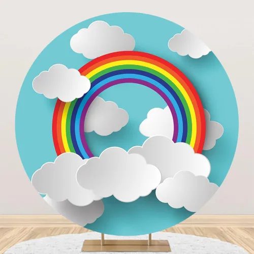Renaiss Cubierta de fondo redonda de arcoíris de 6 x 6 pies para sesión de fotos, para niño y niña, estilo de corte de papel, nubes, cielo azul,