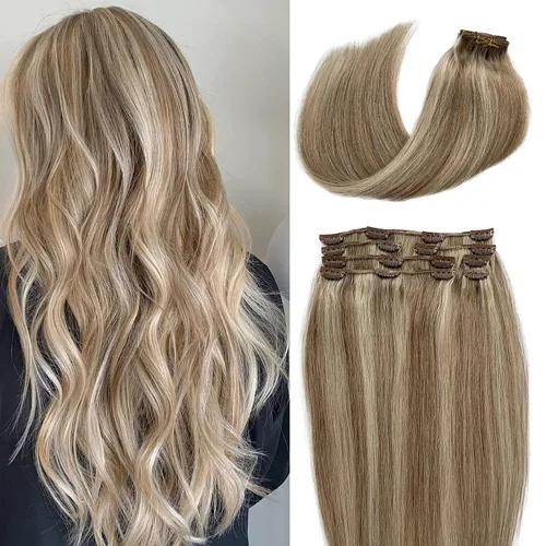Miniatura 15 de Extensiones de cabello rubio ceniza con reflejos, extensiones de cabello humano real con clip, de 12 pulgadas, 2.47 onzas, doble trama, invisible