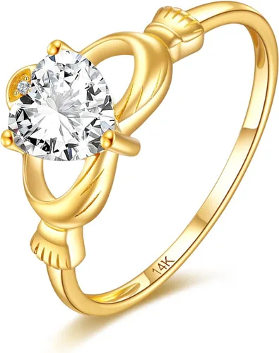 ELFRONT Anillo de corazón de Claddagh irlandés de oro macizo de 14 quilates, joyería celta con moissanita para mujer, lealtad, promesa, compromiso,