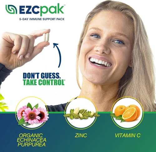 Miniatura 5 de Suplemento EZC de zinc, equinácea púrpura y vitamina C. Apoyo inmunológico de 5 días, diseñado por médicos, 1, 1