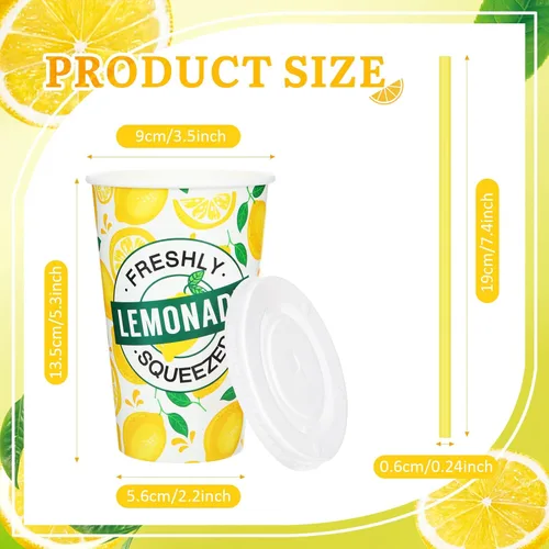 Miniatura 3 de Meanplan 300 piezas/100 juegos de vasos de limonada con tapas y pajitas, vasos desechables para fiestas, tazas de papel de limón, suministros