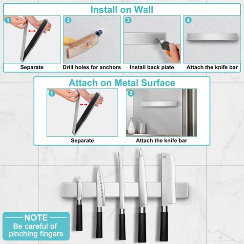 Miniatura 4 de Soporte magnético para cuchillos de pared de 16 pulgadas, tira magnética para refrigerador, barra magnética para cuchillos de pared, soporte