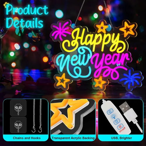 Miniatura 4 de Retisee - Letrero de neón de feliz año nuevo, luz LED alimentada por USB, letrero de neón de feliz año nuevo para decoración de pared