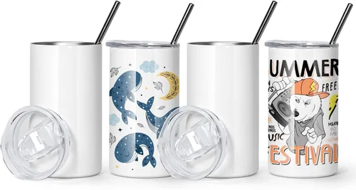 Miniatura 8 de AGH Vasos de sublimación de 12 onzas con tapas y pajitas, vasos de acero inoxidable rectos y delgados para niños, vaso aislado al vacío de doble
