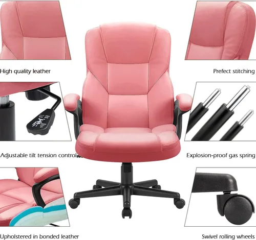 Miniatura 4 de Furmax Silla ejecutiva de oficina con respaldo alto, ajustable, silla de escritorio gerencial para el hogar, silla giratoria de cuero PU para Rosa