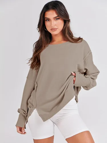Miniatura 3 de ANRABESS Sudadera de gran tamaño para mujer, cuello redondo, manga larga, casual, con abertura, sin botones, ropa de otoño