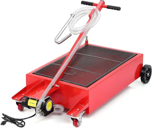 DEXSO Bandeja de drenaje de aceite eléctrica de 20 galones con bomba de 110 V y manguera de 8 pies, perfil bajo y mango plegable en T, carrito de
