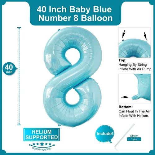 Miniatura 2 de Globos de 40 pulgadas color azul bebé número 8 de gran tamaño Jumbo dígitos de aluminio Mylar helio azul claro globos para niños 8º tema azul
