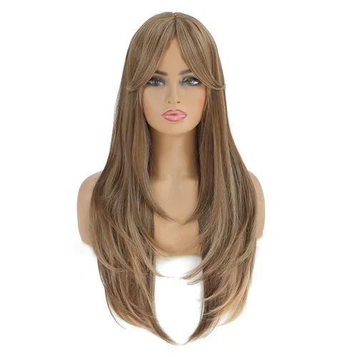 Miniatura 14 de SWACC Peluca de pelo sintético con flequillo largo en capas para mujeres con gorra de peluca (negro)