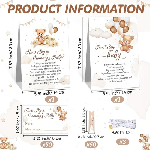 Miniatura 2 de Suzile 105 piezas de juegos de baby shower con tema de oso, incluyen How Big is Mommy's Belly Game Measure Mommy's Belly Sign Don't Say Baby Sign