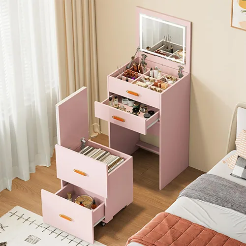 Pequeño escritorio de maquillaje con espejo y luces, juego de tocador compacto 3 en 1, mesita de noche, tocador con silla enrollable ajustable de