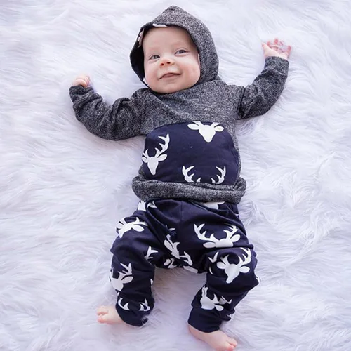 Miniatura 8 de Conjunto de 2 sudaderas con capucha con estampado de ciervo y bolsillo superior + pantalones largos a rayas para otoño