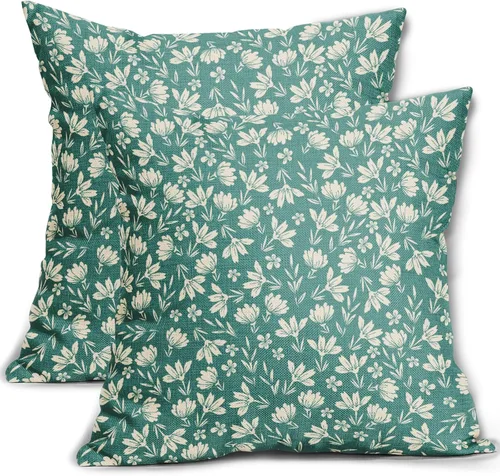Fundas de Almohada Aqua de 16x16 Juego de 2 Estilo Vintage Floral Rústico Antiguo Bonito Estampado de Flores Fundas Decorativas para Exteriores
