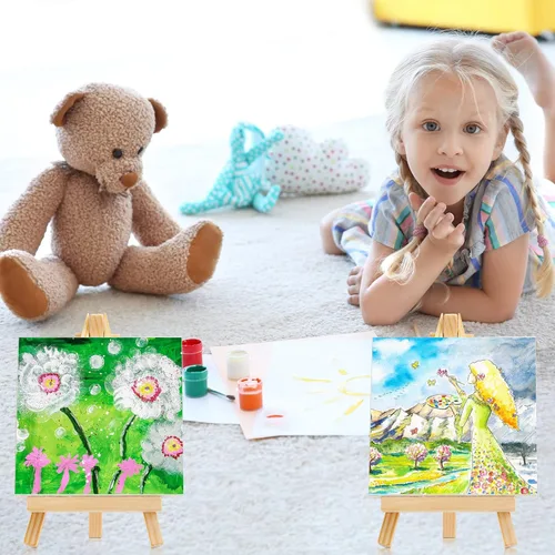 Miniatura 7 de Mimorou Paquete de 32 mini lienzos con caballete para pintar pequeños paneles de lienzo estirados con caballete de madera resistente para niños