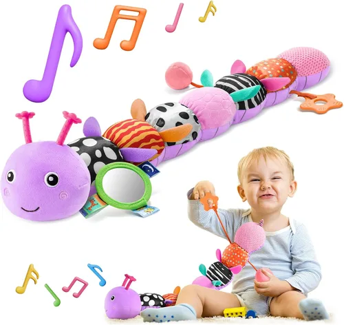 HEMRLY Juguetes Sensoriales para Bebés de 0 a 6 Meses, Oruga Musical de Peluche con Mordedor, Papel Crujiente, Sonajero, Espejo para Bebé para Morado