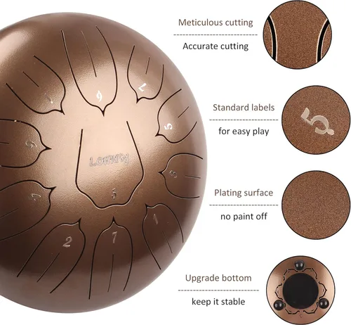 Miniatura 4 de Tambor de lengua de acero de 12 pulgadas, 11 notas para adultos, instrumento etéreo de metal para meditación y yoga con libro de música, mazos