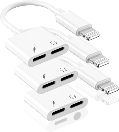 [Certificado MFi de Apple] Paquete de 3 adaptadores de auriculares para iPhone, 2 en 1 Lightning a Dual Lightning Aux Dongle Cable Dongle con