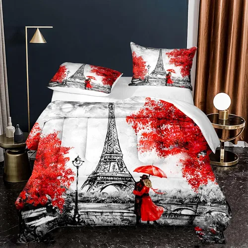 Juego de edredón de París y amante de la Torre Eiffel de París, tamaño Queen, para niños, niñas y niños, juego de ropa de cama 1 edredón con 2